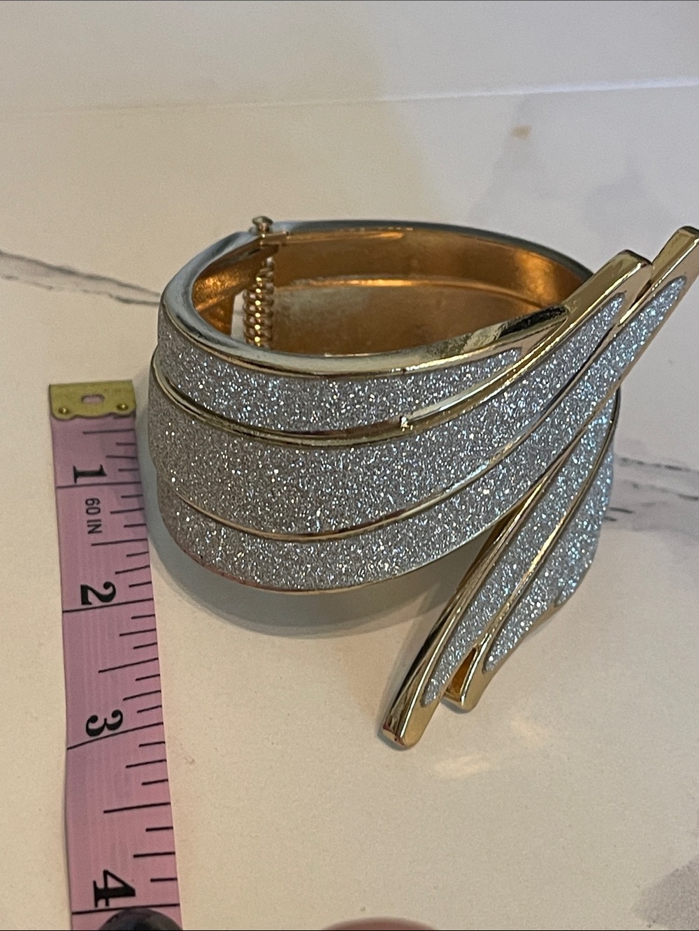 Gold-Tone Silver Glitter Cuff Bracelet - Elegant Women's Jewelry - Picture 6 of 6